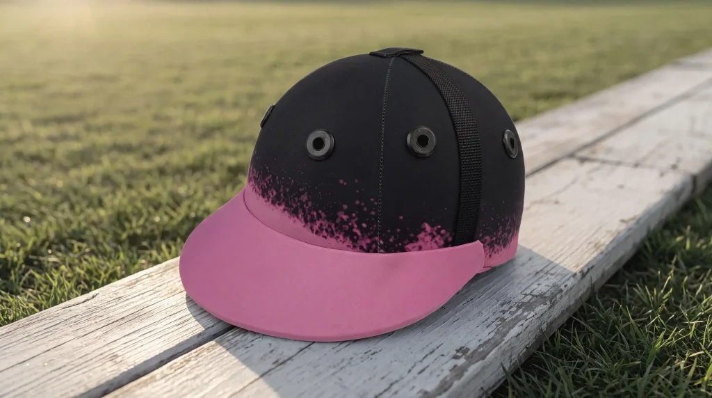 H1 helmet resting on the boards at the edge of a polo field