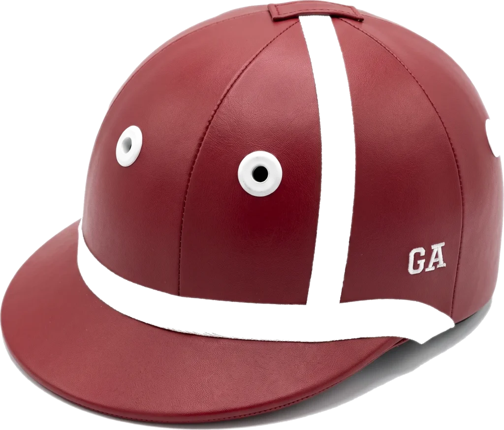 H1 polo helmet in bordeaux leather with cream stripes