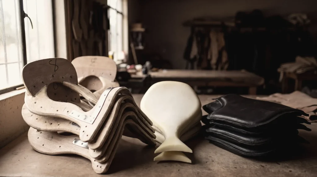 Wooden saddle trees and polyurethane seat blanks before covering