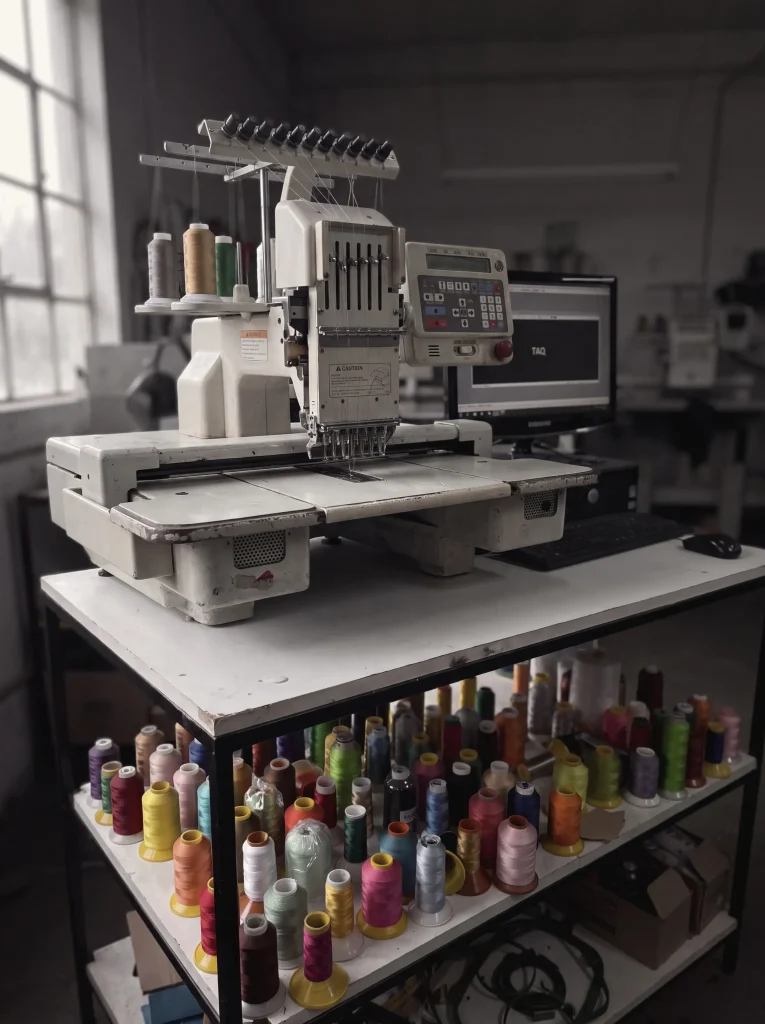 Industrial embroidery machine with racks of coloured thread