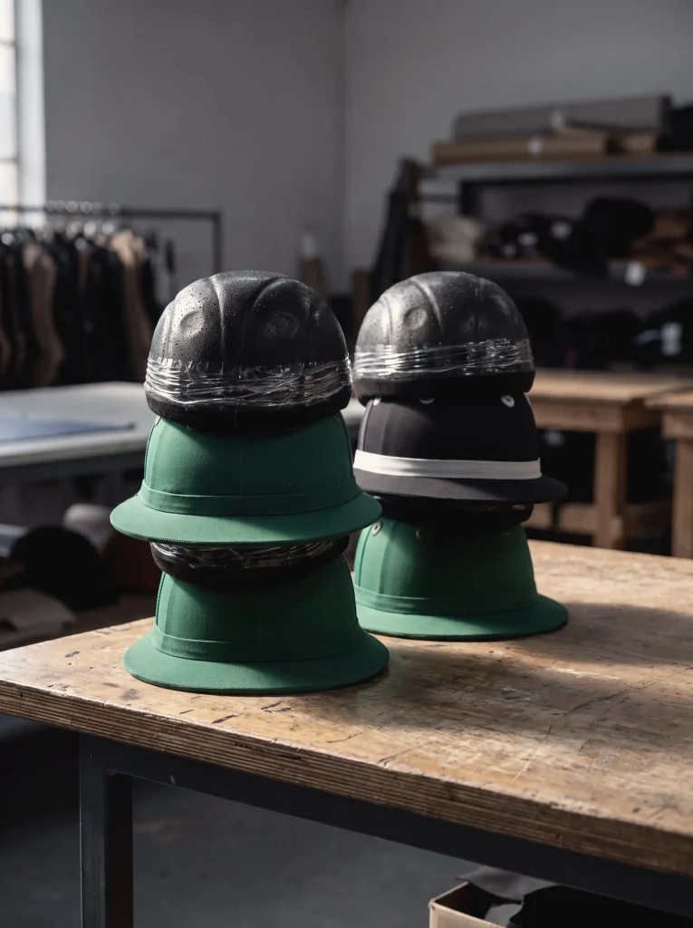 Two helmet shells on green forming blocks on the workbench