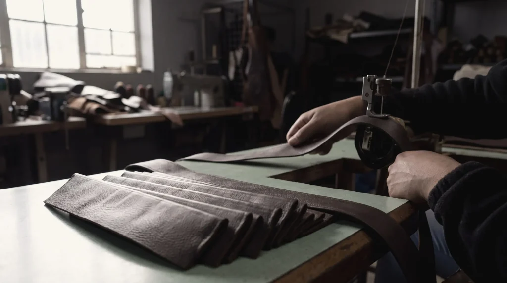 Strips of dark brown leather cut and laid out on the saddler's bench